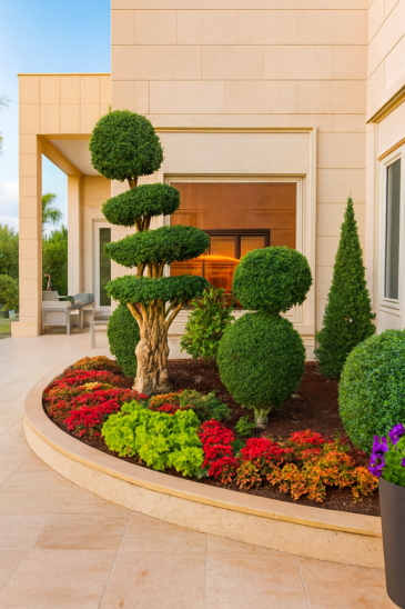 "Luxury landscaped garden with vibrant flowers, topiary trees, and modern stone architecture in daylight"