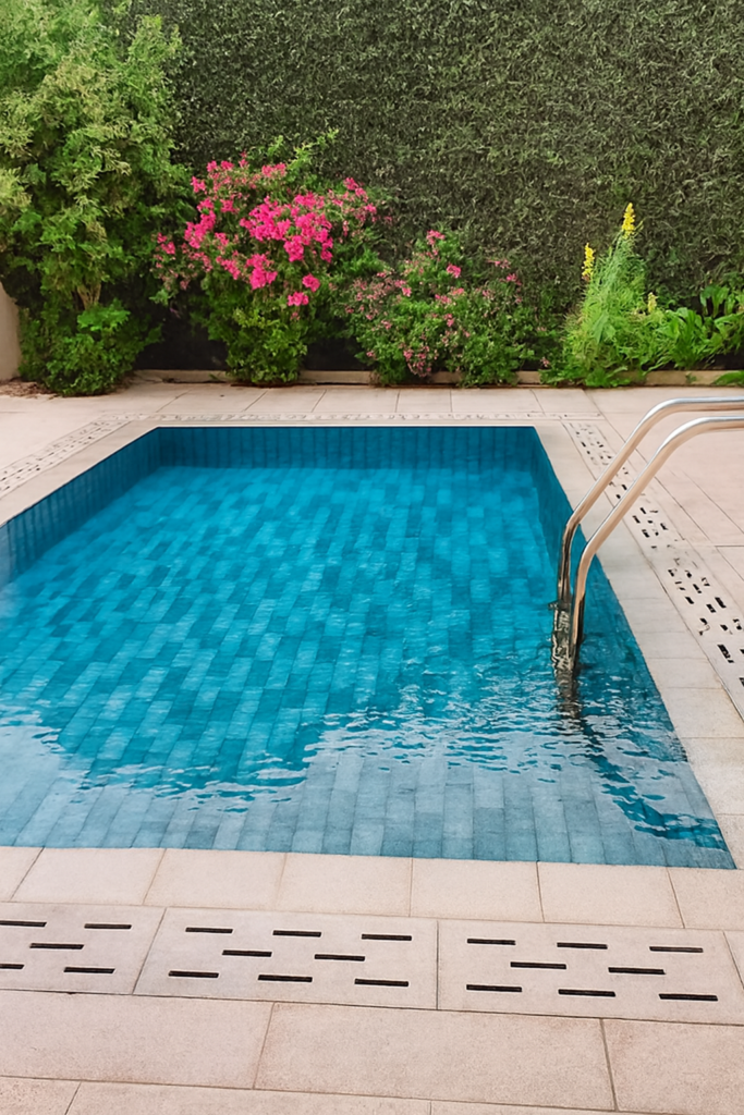 "Luxury indoor swimming pool with villa view, surrounded by lush greenery and vibrant flowers"