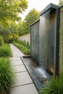 "Modern luxury garden fountain with vertical water wall and manicured greenery in portrait format"
