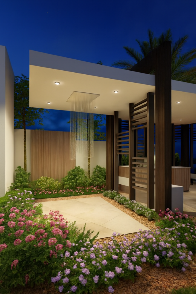 Luxury pergola at night with tropical plants, vibrant flowers, and ocean view in landscaped garden