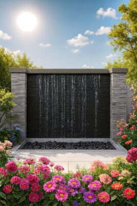 "Luxury vertical water wall fountain in landscaped garden with vibrant flowers and blue sky"