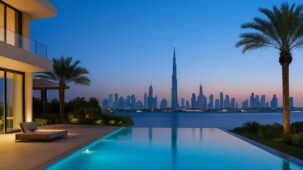 Luxurious Dubai waterfront villa with infinity pool and Burj Khalifa skyline at dusk