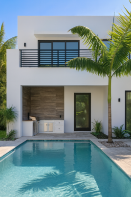 Modern luxury swimming pool with travertine deck, tropical landscaping, and contemporary villa backdrop