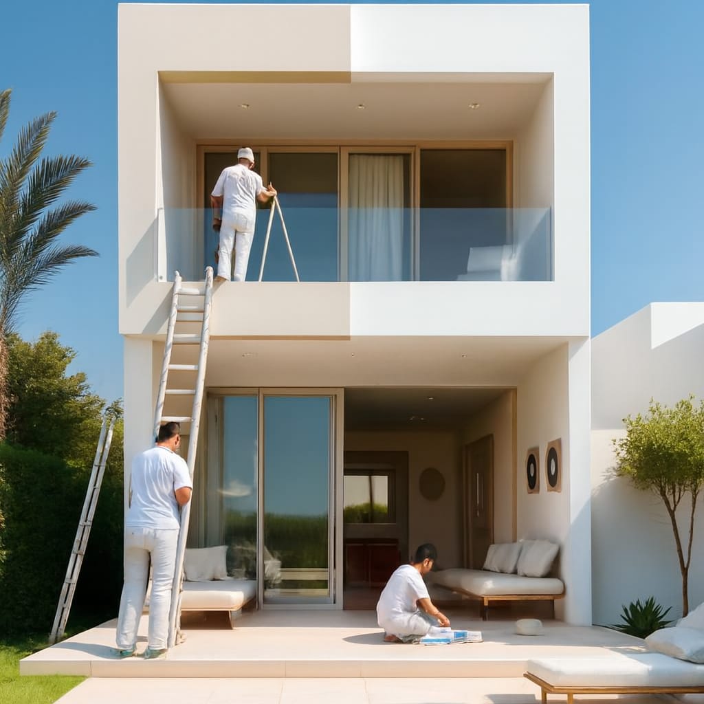 Modern minimalist white villa with glass balcony, pool, and workers painting exterior in sunny tropical setting.