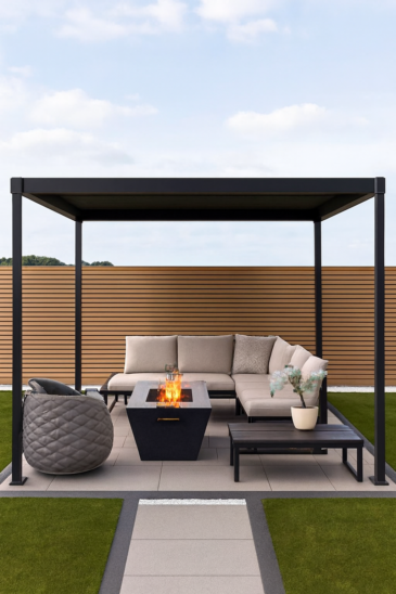 Luxury outdoor pergola with fire pit and sunset in Dubai