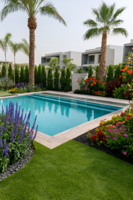 Luxury villa backyard with swimming pool, tropical plants, and vibrant flowers in a serene setting