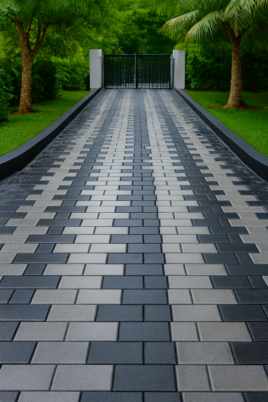 Modern interlock paver driveway with tropical landscaping and secure gated entrance