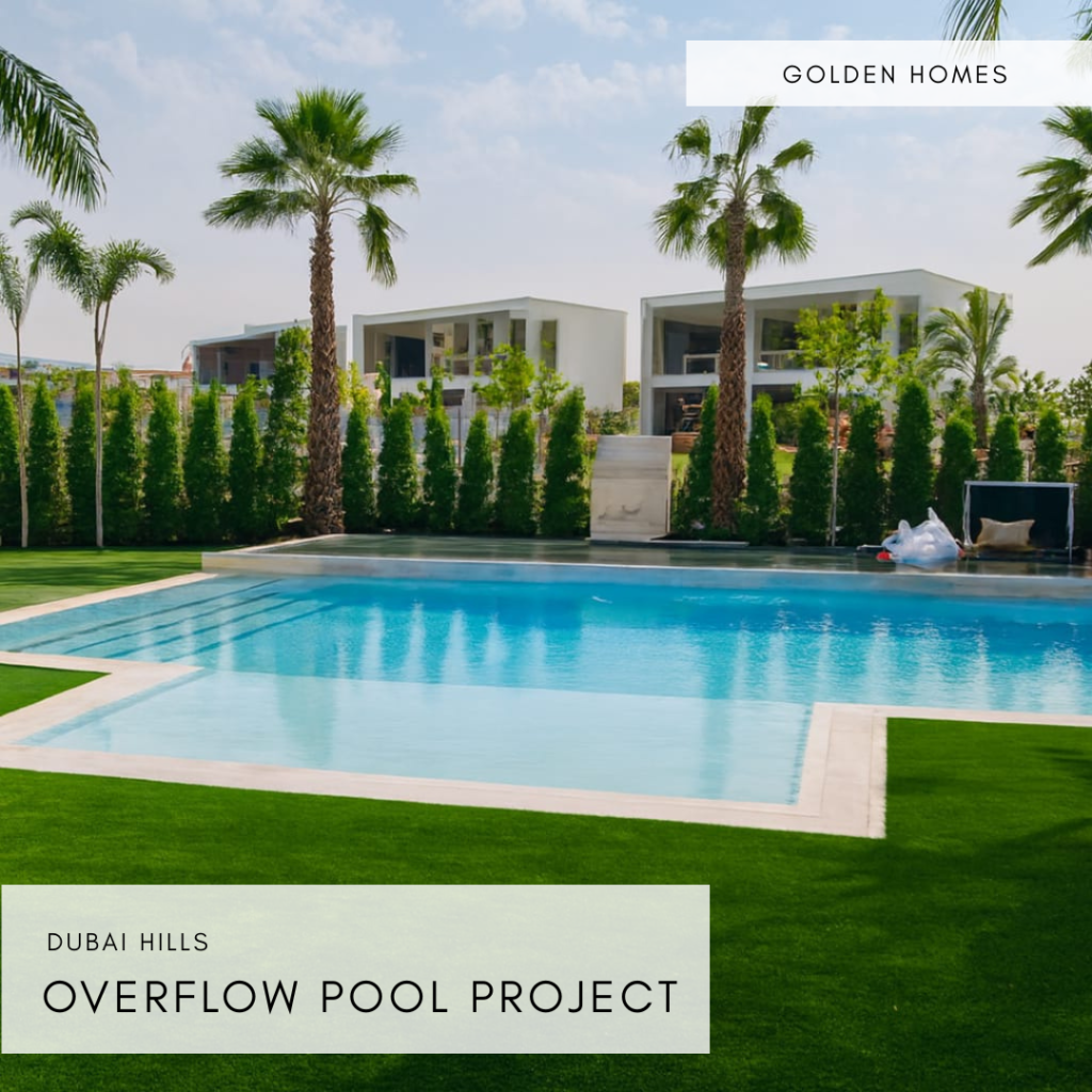Modern overflow swimming pool in Dubai Hills villa with landscaped lawn and palm trees by Golden Homes.