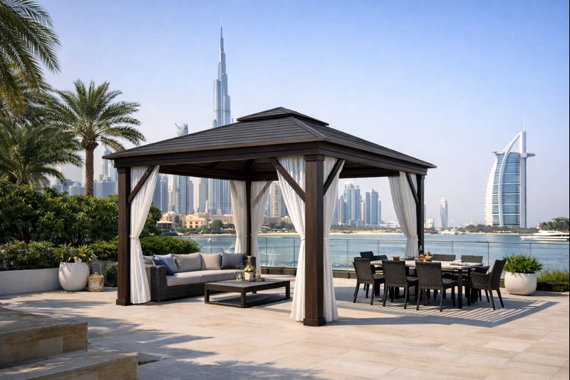 Elegant wooden gazebo with curtains on a waterfront terrace overlooking Dubai skyline