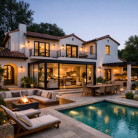 Renovated luxury villa with modern glass extension, swimming pool, outdoor seating and warm lighting at evening