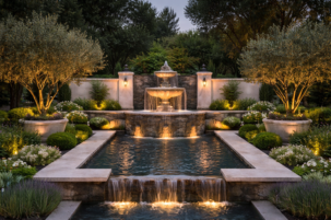 Elegant multi-tier water fountain with cascading water, landscape lighting, and garden water feature design