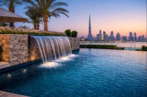 Luxury waterfall water feature with infinity pool at a Dubai waterfront villa