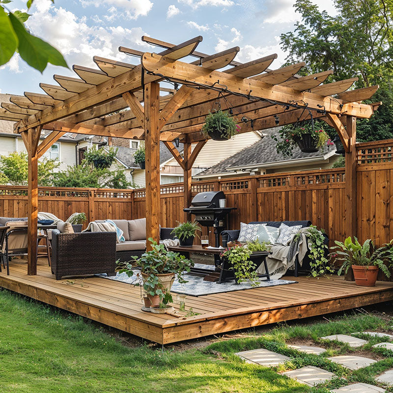 Elegant wooden pergola installed in a Dubai villa garden providing natural shade and outdoor seating