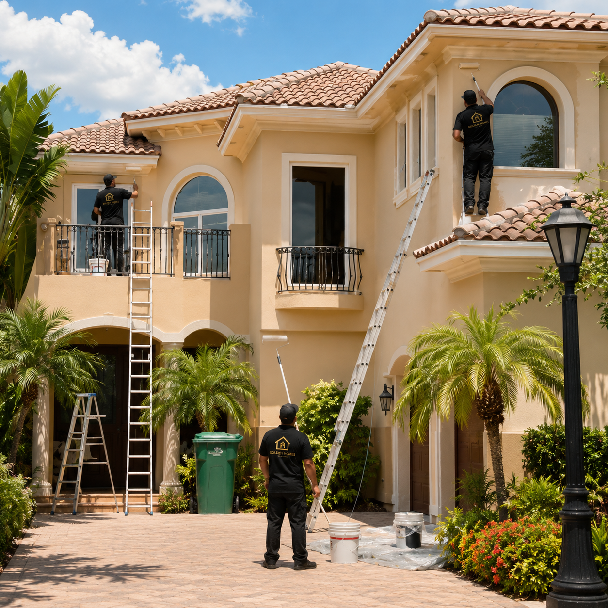 Professional painters providing luxury villa exterior painting services on a modern Dubai villa using premium weather-resistant paint and high-quality painting equipment.