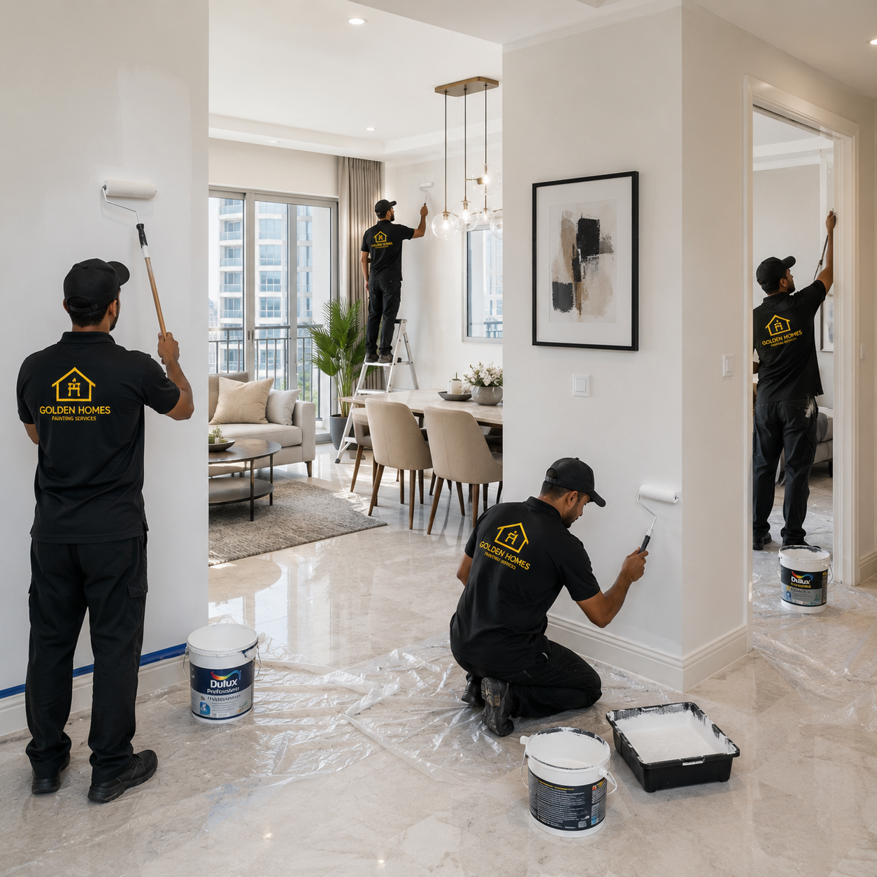 Professional home and apartment painters applying premium interior wall paint in a modern luxury apartment with smooth, durable finishes in Dubai.