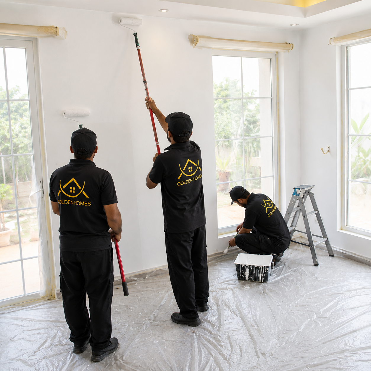 Professional villa painting team applying premium white interior wall paint in a luxury villa using high-quality painting equipment in Dubai.