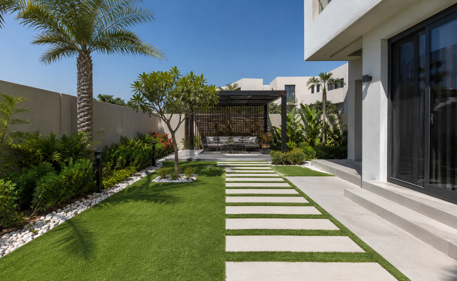 Luxury villa landscaping in Dubai featuring a manicured lawn, stepping stone pathway, tropical plants, palm trees, modern pergola seating area, and contemporary garden design.