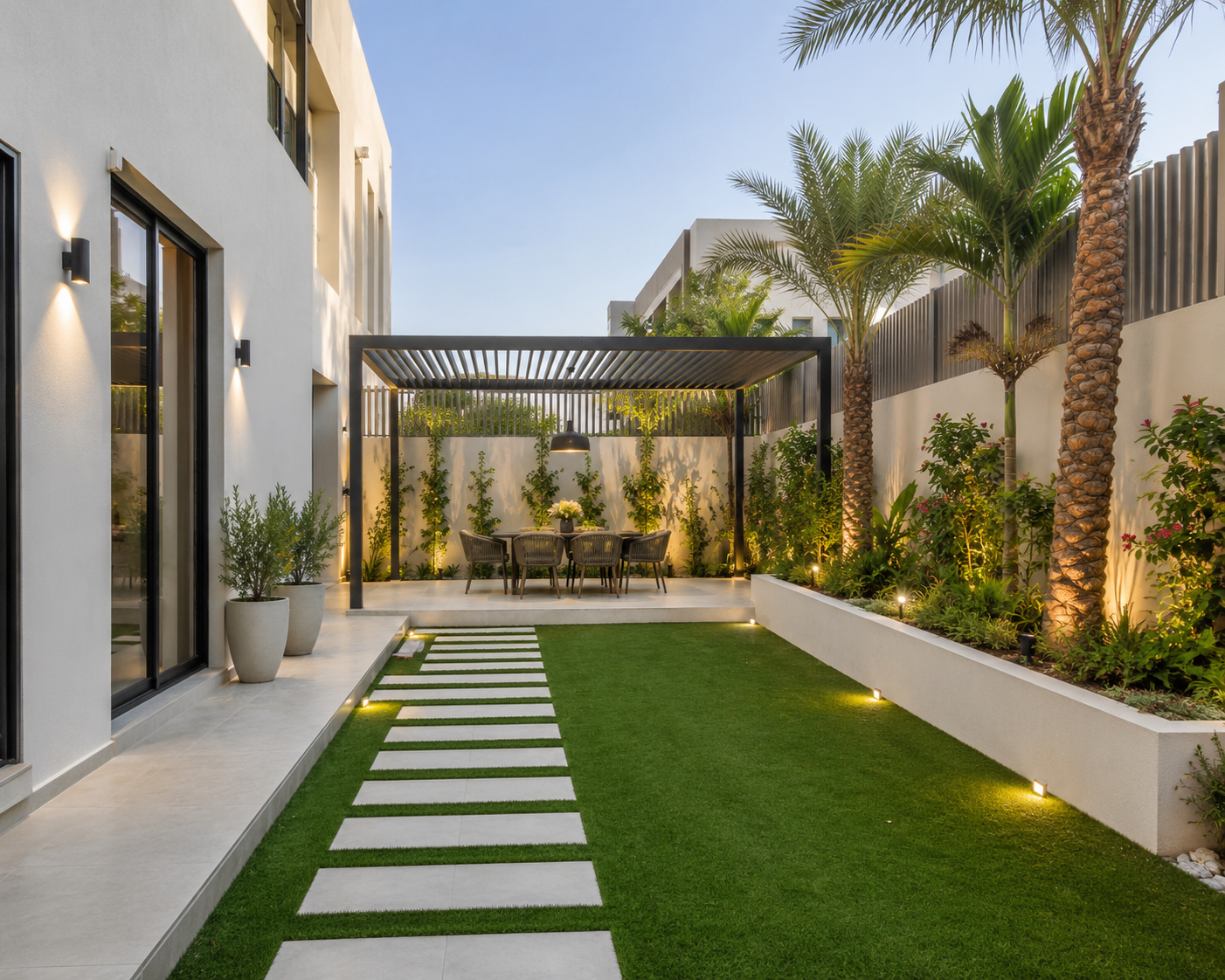 Modern residential landscaping in Dubai featuring a lush green lawn, stepping stone pathway, tropical plants, illuminated garden beds, and a stylish outdoor seating area beneath a contemporary pergola.