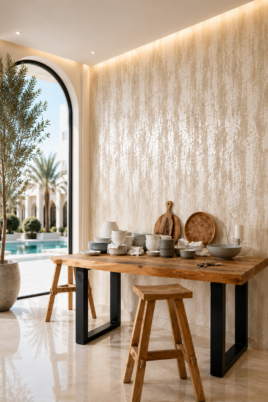 Elegant luxury interior featuring a premium lady glaze decorative wall finish in a modern Dubai villa, showcasing sophisticated textured painting with a polished glazed effect.