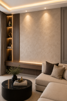 Modern living room featuring a premium decorative textured wall finish, showcasing professional texture painting services in Dubai with elegant lighting and contemporary interior design.