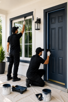 Professional painters in black uniforms painting a front door and window frames of a modern villa in Dubai, providing expert door and window painting services with premium finishes.
