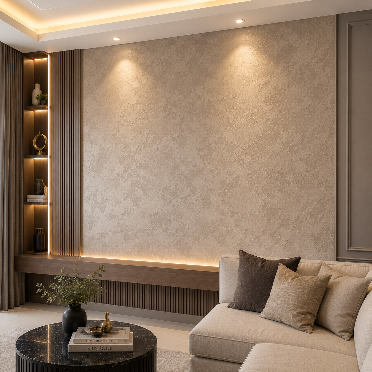 This image showcases a completed texture painting project in Dubai, featuring a premium decorative wall finish that adds depth, elegance, and sophistication to a modern interior. Our texture painting services create durable, stylish feature walls for villas, apartments, offices, and commercial spaces using high-quality decorative coatings and expert craftsmanship.