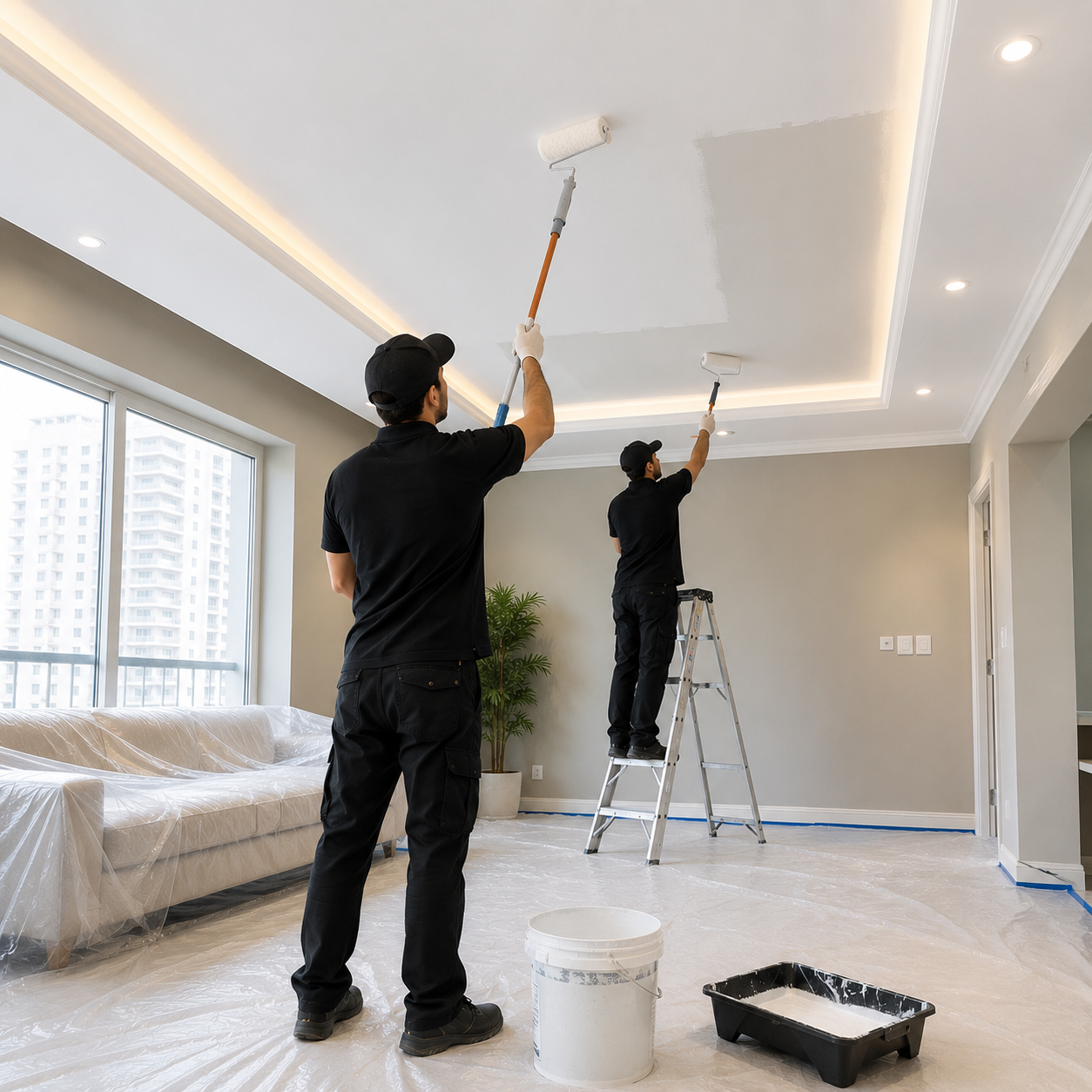 Professional ceiling painters applying premium white ceiling paint with rollers in a modern apartment using protective floor coverings and high-quality painting equipment in Dubai.