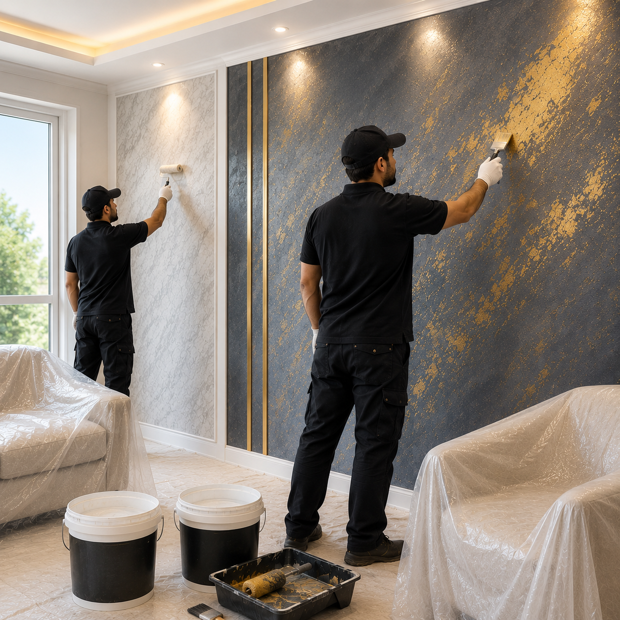 Professional decorative painters creating a luxury textured feature wall in a modern home using premium decorative paint finishes with furniture fully protected in Dubai.