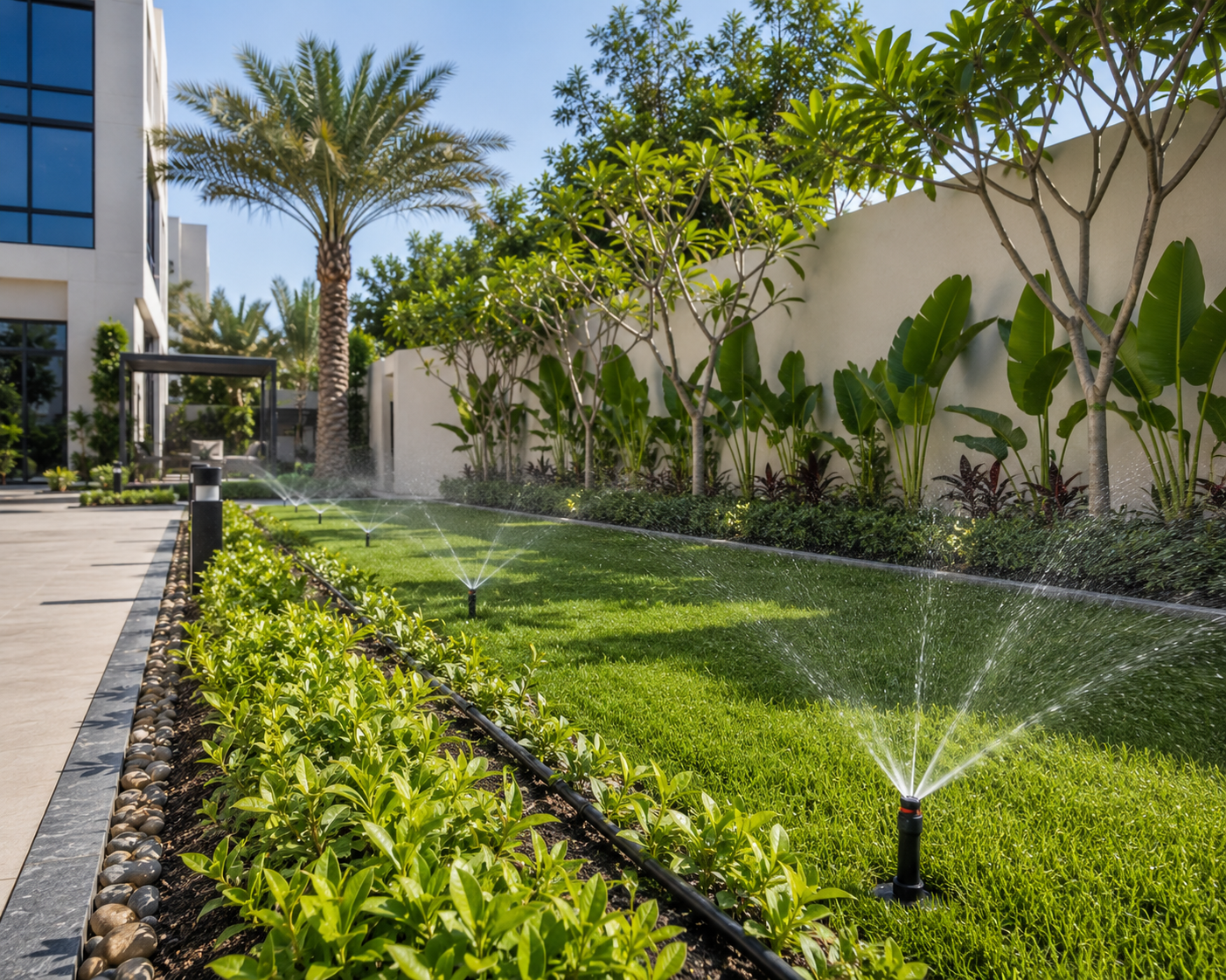 Modern Dubai villa landscape featuring an automatic irrigation system with lawn sprinklers and drip irrigation for healthy gardens and water-efficient landscaping.