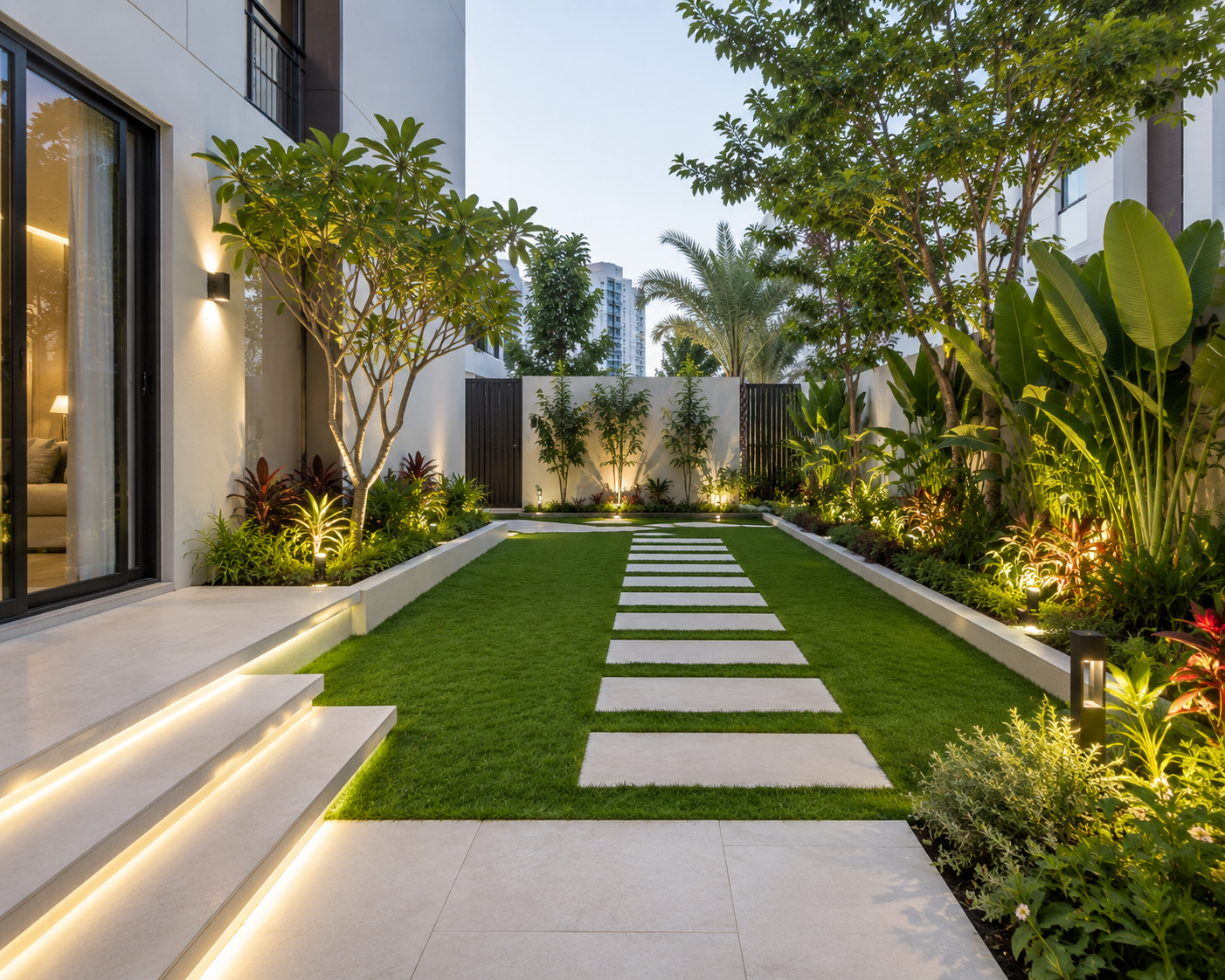 Beautiful modern villa garden landscaping in Dubai featuring a lush green lawn, stepping stone pathway, tropical plants, landscape lighting, and contemporary outdoor design.