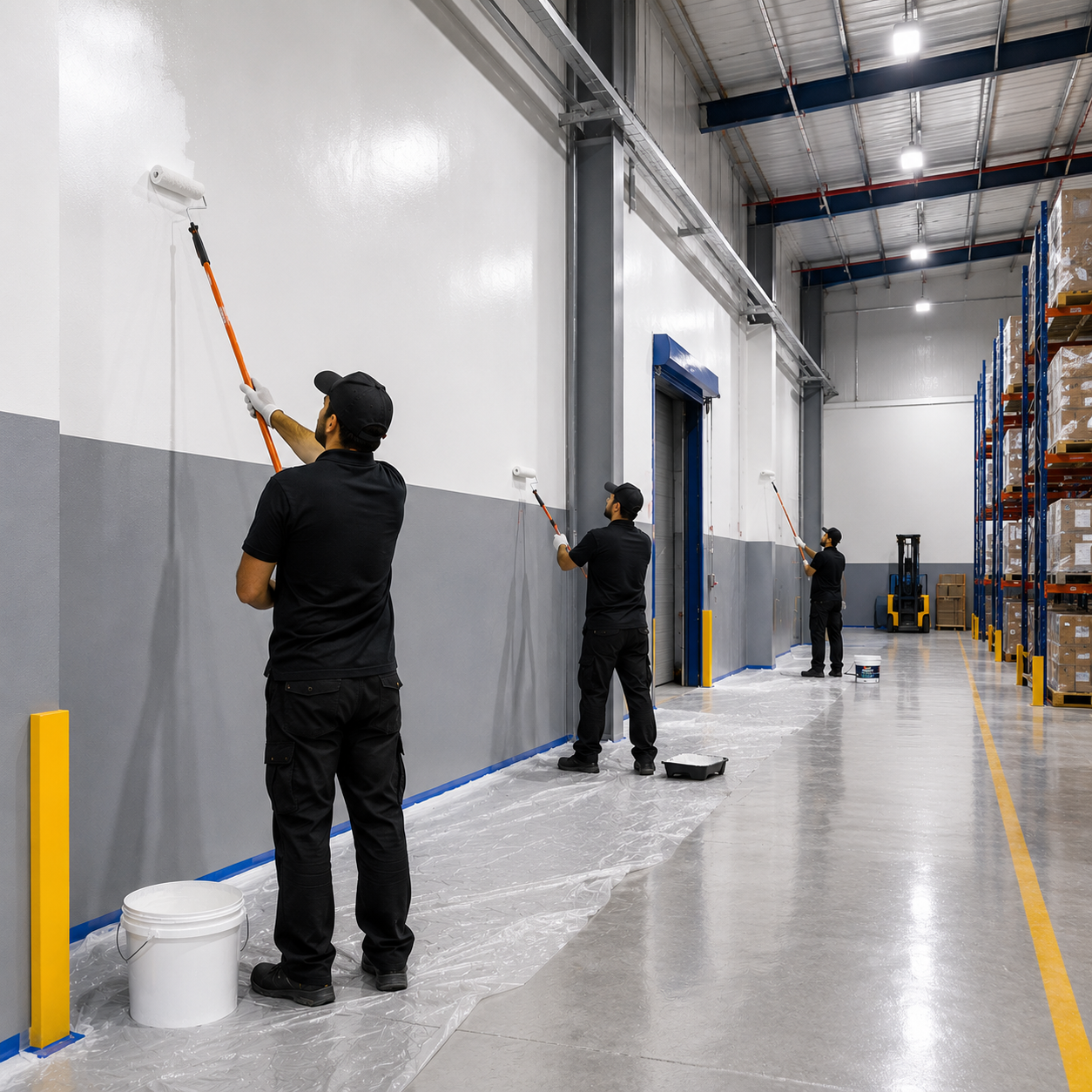 Professional warehouse painters applying premium industrial wall paint inside a modern warehouse using extension rollers and protective floor coverings in Dubai.